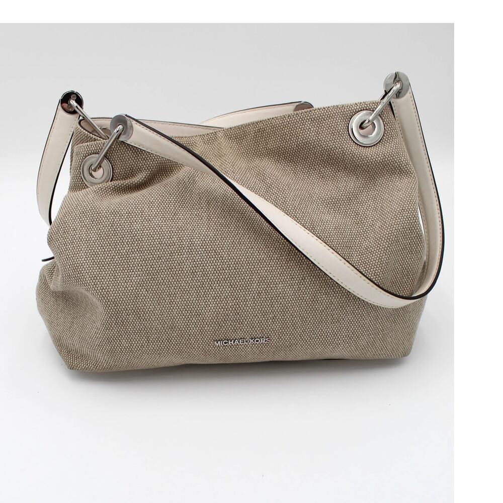Michael Kors Raven Shoulder Bag Purse Beige White Canvas Fabric Leather Summer - Picture 2 of 12